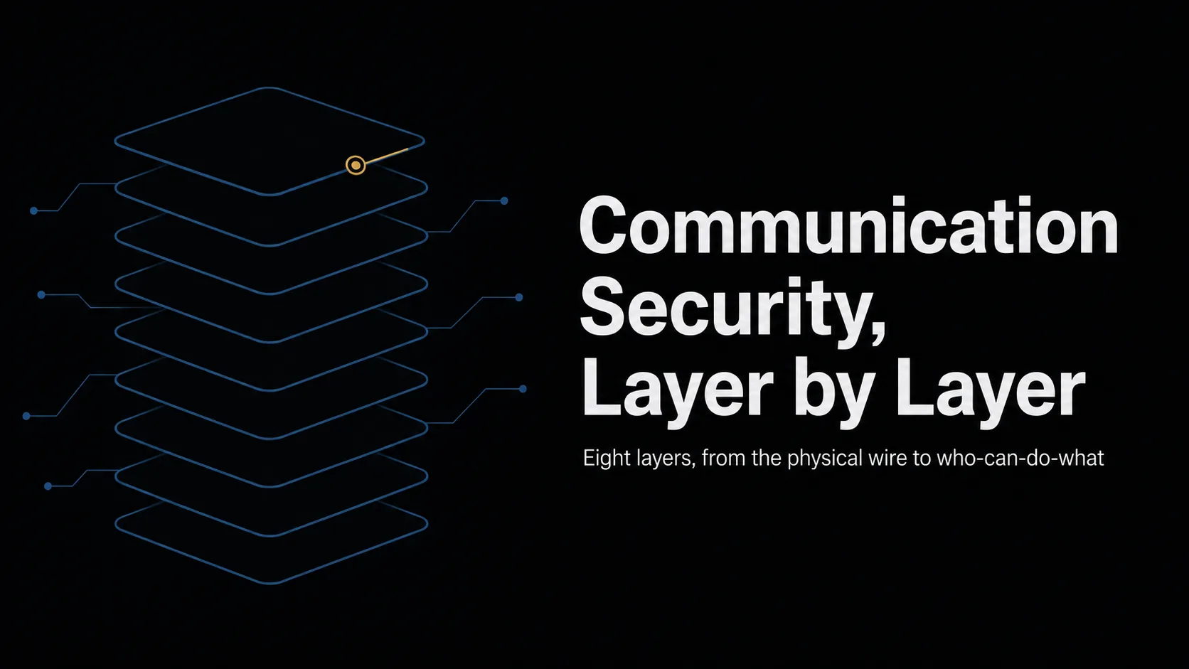 Title banner for 'Communication Security, Layer by Layer' — teal node lines stacking eight layers, each carrying a means of defense.