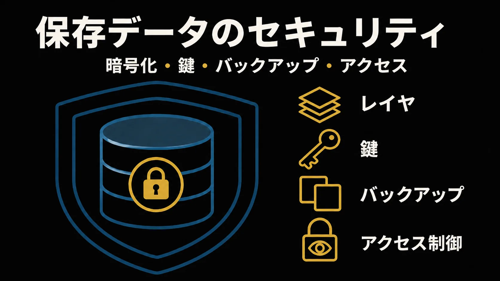 保存データのセキュリティのタイトルバナー。データベースを盾で囲み鍵を重ねたモチーフと、レイヤ・鍵・バックアップ・アクセス制御の4アイコンで、保存データの守りが複数判断の重なりであることを示す。