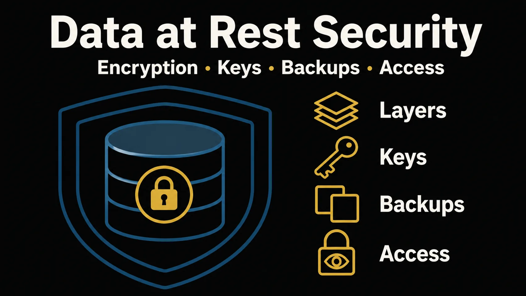 Title banner 'Data at Rest Security': a database wrapped in shields with a lock, plus four icons (Layers, Keys, Backups, Access), showing that protecting data at rest is a stack of decisions.