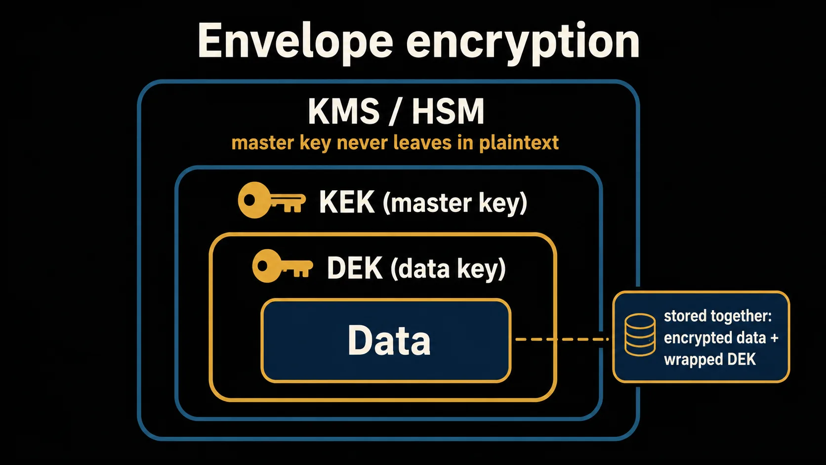 Nested envelope-encryption diagram: inside KMS/HSM (master key never leaves in plaintext) sits the KEK (master key), wrapping the DEK (data key), wrapping the Data, with a tag 'stored together: encrypted data + wrapped DEK'.