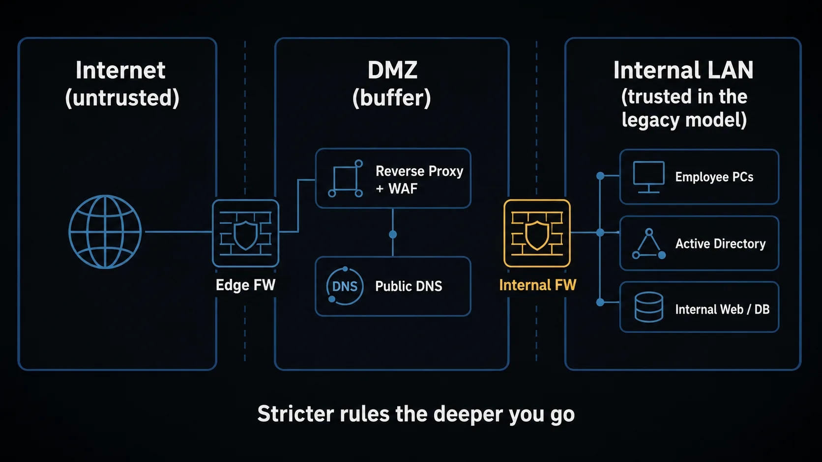 A three-zone map of an enterprise network. Left to right: Internet (untrusted), DMZ (buffer), Internal LAN (trusted in the legacy model). An Edge FW sits between Internet and DMZ, an Internal FW between DMZ and Internal LAN.