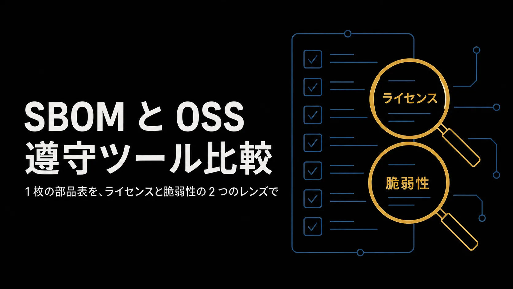 「SBOM と OSS 遵守ツール比較」のタイトルバナー。ティールのノード線でソフトウェアの部品表(リスト)と、その部品を点検する 2 つのレンズ(ライセンスと脆弱性)を描いたモチーフ。
