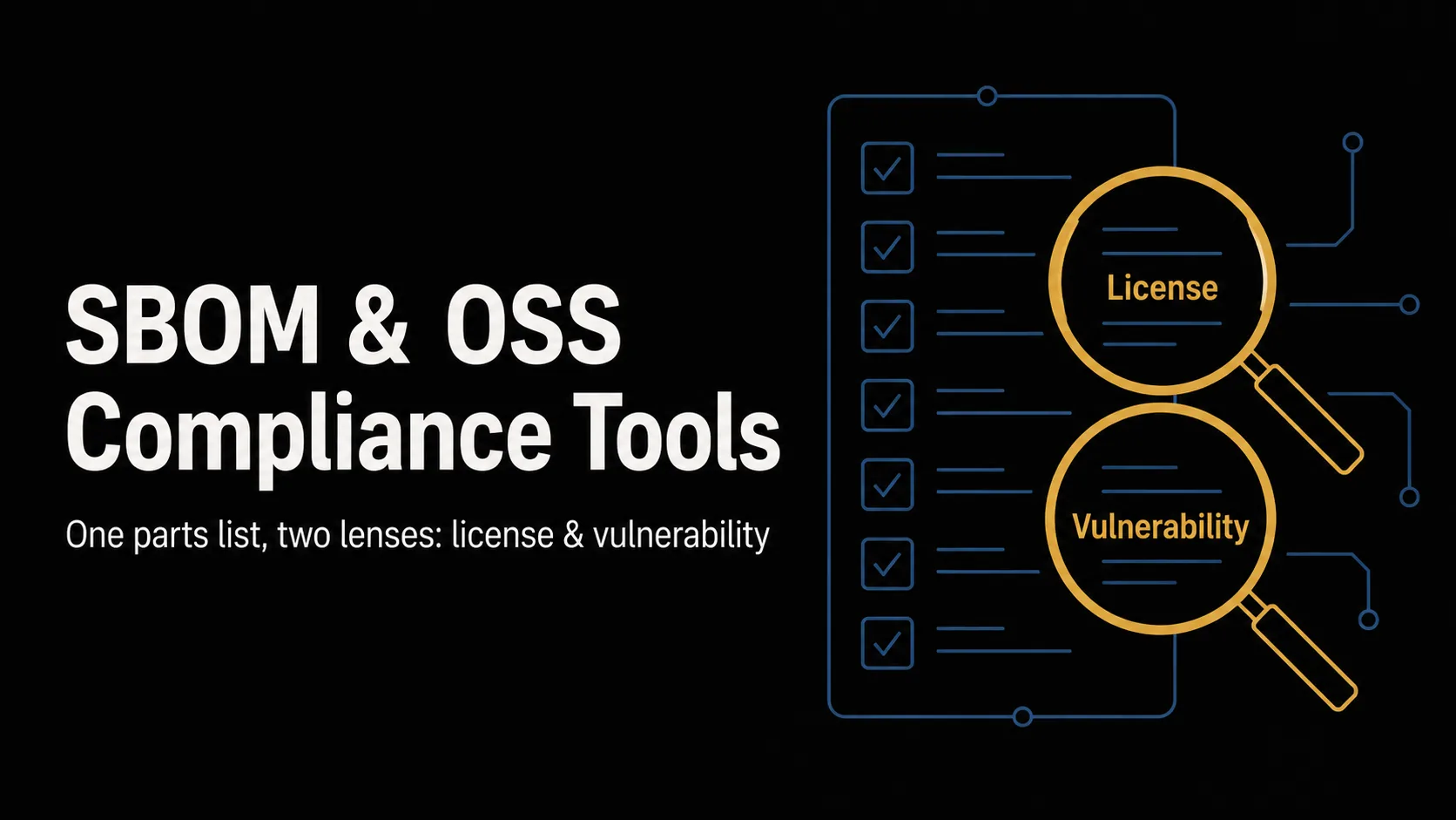 Title banner for 'SBOM & OSS Compliance Tools Compared' — teal node lines drawing a software bill of materials list inspected through two lenses: license and vulnerability.