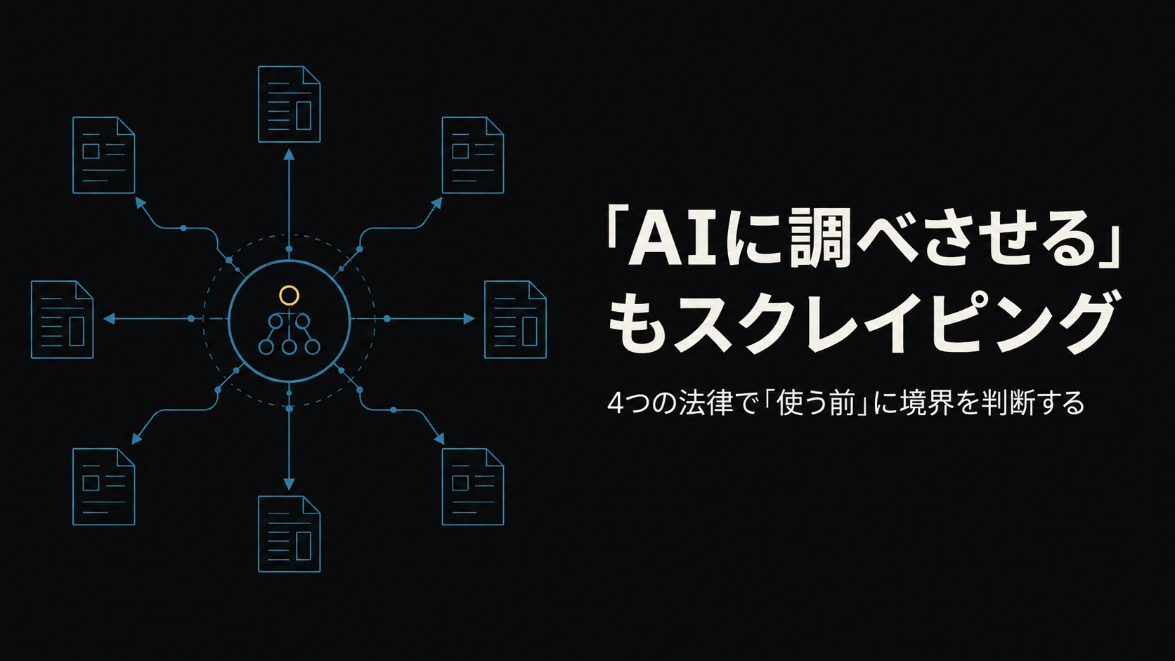 「『AIに調べさせる』もスクレイピング」のタイトルバナー。ティールのノード線が外部サイトへ自動でアクセスするモチーフ。